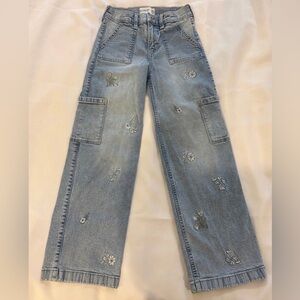Abercrombie Kids Light Blue Floral Embroidery Cargo Wide Leg Denim Jeans